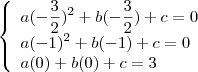 $ \left\{\begin{array}{lll}\displaystyle a(-\frac32)^2+b(-\frac32)+c=0 \\\displaystyle a(-1)^2+b(-1)+c=0 \\\displaystyle a(0)+b(0)+c=3\end{array}\right