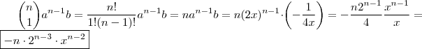 \binom{n}{1} a^{n-1} b =  \frac{n!}{1!(n-1)!} a^{n-1} b = n a^{n-1} b =  n(2x)^{n-1} \cdot  \left(-\frac{1}{4x}\right) = -\frac{n2^{n-1}}{4} \frac{x^{n-1}}{x} =  \boxed{- n \cdot 2^{n-3} \cdot x^{n-2} }