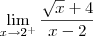 \lim_{x\to 2^+} \frac{\sqrt{x} + 4}{x - 2} \lim_{x\to 2^+} \frac{\sqrt{x} + 4}{x - 2}