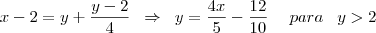 x-2=y+ \frac{y-2}{4}\;\; \Rightarrow \;\;y = \frac{4x}{5} - \frac{12}{10} \,\;\;\;\; para\;\;\; y > 2 x-2=y+ \frac{y-2}{4}\;\; \Rightarrow \;\;y = \frac{4x}{5} - \frac{12}{10} \,\;\;\;\; para\;\;\; y > 2