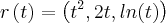 r\left(t \right)= \left({t}^{2},2t, ln (t) \right) r\left(t \right)= \left({t}^{2},2t, ln (t) \right)