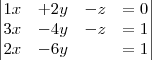 \begin{vmatrix}
1x&+ 2y&-z&=0 \\
3x&-4y&-z&=1\\
2x&-6y&& =1
\end{vmatrix} \begin{vmatrix}
1x&+ 2y&-z&=0 \\
3x&-4y&-z&=1\\
2x&-6y&& =1
\end{vmatrix}