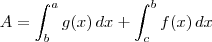 A = \int_b^a g(x)\,dx + \int_c^b f(x)\,dx A = \int_b^a g(x)\,dx + \int_c^b f(x)\,dx