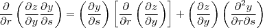 \frac{\partial }{\partial r}  \left (\frac{\partial z}{\partial y}\frac{\partial y}{\partial s}\right)  = \left (\frac{\partial y}{\partial s}  \right ) \left[ \frac{\partial }{\partial r}\left (\frac{\partial z}{\partial y}  \right )  \right] + \left (\frac{\partial z}{\partial y}  \right ) \left (\frac{\partial^2 y}{\partial r \partial s}
  \right )