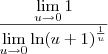 \frac{\displaystyle{\lim_{u\to 0} 1}}{\displaystyle{\lim_{u\to 0} \ln(u+1)^\frac{1}{u}}}