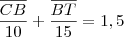 \dfrac{\overline{CB}}{10} + \dfrac{\overline{BT}}{15} = 1,5