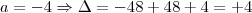 a = -4 \Rightarrow \Delta = -48 +48 +4 = +4