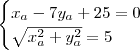 \begin{cases}
x_a - 7y_a + 25 = 0 \\
\sqrt{x_a^2 + y_a^2} = 5
\end{cases}