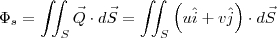 \Phi_s = \iint_{S} \vec{Q} \cdot d\vec{S} = \iint_{S} \left( u\hat{i} + v\hat{j} \right ) \cdot d\vec{S} \Phi_s = \iint_{S} \vec{Q} \cdot d\vec{S} = \iint_{S} \left( u\hat{i} + v\hat{j} \right ) \cdot d\vec{S}