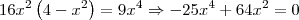 16x^2\left(4-x^2\right) = 9x^4 \Rightarrow -25x^4 + 64x^2 = 0 16x^2\left(4-x^2\right) = 9x^4 \Rightarrow -25x^4 + 64x^2 = 0