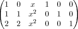 \begin{pmatrix}
   1 & 0 & x & 1 & 0 & 0 \\ 
   1 & 1 & {x}^{2} & 0 & 1 & 0\\
   2 & 2 & {x}^{2} & 0 & 0 & 1
\end{pmatrix}