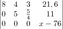 \begin{vmatrix}
8 & 4 & 3 & 21,6 \\
0 & 5 & \frac{5}{4} & 11 \\
0 & 0 & 0 & x - 76
\end{vmatrix} \begin{vmatrix}
8 & 4 & 3 & 21,6 \\
0 & 5 & \frac{5}{4} & 11 \\
0 & 0 & 0 & x - 76
\end{vmatrix}
