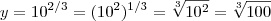 y = 10^{2/3}  =  (10^2 )^{1/3}  =  \sqrt[3]{10^2} = \sqrt[3]{100}
