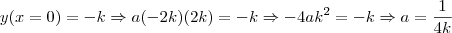 y(x=0)=-k\Rightarrow a(-2k)(2k)=-k\Rightarrow -4ak^2=-k\Rightarrow a=\frac{1}{4k} y(x=0)=-k\Rightarrow a(-2k)(2k)=-k\Rightarrow -4ak^2=-k\Rightarrow a=\frac{1}{4k}