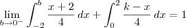 \lim_{b\to 0^-}\int_{-2}^{b} \frac{x+2}{4}\,dx + \int_{0}^{2} \frac{k-x}{4}\,dx= 1 \lim_{b\to 0^-}\int_{-2}^{b} \frac{x+2}{4}\,dx + \int_{0}^{2} \frac{k-x}{4}\,dx= 1
