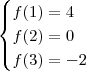 \begin{cases}
f(1) = 4 \\
f(2) = 0 \\
f(3) = -2
\end{cases} \begin{cases}
f(1) = 4 \\
f(2) = 0 \\
f(3) = -2
\end{cases}