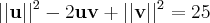 || \textbf{u}||^{2}-2 \textbf{uv} +|| \textbf{v}||^2=25
