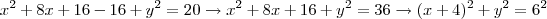x^2+8x+16-16+y^2=20\rightarrow x^2+8x+16+y^2=36\rightarrow (x+4)^2+y^2=6^2 x^2+8x+16-16+y^2=20\rightarrow x^2+8x+16+y^2=36\rightarrow (x+4)^2+y^2=6^2