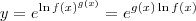 y = e^{\ln f(x)^{g(x)}} = e^{g(x)\ln f(x)} y = e^{\ln f(x)^{g(x)}} = e^{g(x)\ln f(x)}