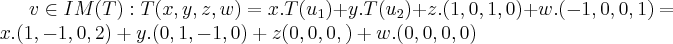 v \in IM(T):T(x,y,z,w)=x.T({u}_{1})+y.T({u}_{2})+z.(1,0,1,0)+w.(-1,0,0,1)=x.(1,-1,0,2)+y.(0,1,-1,0)+z(0,0,0,)+w.(0,0,0,0)