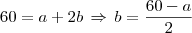 60 = a + 2b \, \Rightarrow \, b = \frac{60 - a}{2} 60 = a + 2b \, \Rightarrow \, b = \frac{60 - a}{2}