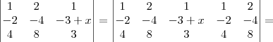 \begin{vmatrix}
   1 & 2 & 1 \\ 
   -2 & -4 & -3 + x \\
   4 & 8 & 3  
\end{vmatrix}=
\begin{vmatrix}
   1 & 2 & 1 & 1 & 2 \\ 
   -2 & -4 & -3+x & -2 & -4 \\
   4 & 8 & 3 & 4 & 8 
\end{vmatrix} =