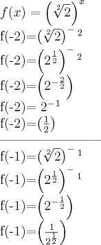 f(x)=\left(\sqrt[2]{2} \right)^x


f(-2)=\left(\sqrt[2]{2} \right)^-^2

f(-2)=\left({2}^{\frac{1}{2}} \right)^-^2

f(-2)=\left({2}^{-\frac{2}{2}} \right)

f(-2)= 2^-^1

f(-2)=\left( \frac{1}{2} \right)

-----------------------

f(-1)=\left(\sqrt[2]{2} \right)^-^1

f(-1)=\left({2}^{\frac{1}{2}} \right)^-^1

f(-1)=\left({2}^{-\frac{1}{2}} \right)

f(-1)=\left(\frac{1}{2^\frac{1}{2}} \right)