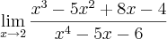 \lim_{x\rightarrow2}\frac{x^3-5x^2+8x-4}{x^4-5x-6} \lim_{x\rightarrow2}\frac{x^3-5x^2+8x-4}{x^4-5x-6}