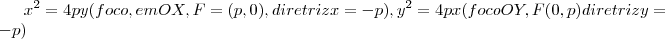 {x}^{2}=4py(foco,em OX,F=(p,0),diretriz x=-p),{y}^{2}=4px(foco OY,F(0,p)diretriz y=-p)