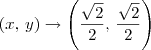 (x,\,y) \to \left(\frac{\sqrt{2}}{2},\,\frac{\sqrt{2}}{2}\right) (x,\,y) \to \left(\frac{\sqrt{2}}{2},\,\frac{\sqrt{2}}{2}\right)