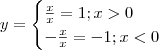 y = \begin{cases} \frac{x}{x} =1 ; x > 0 \\ -\frac{x}{x} = - 1; x < 0\end{cases} y = \begin{cases} \frac{x}{x} =1 ; x > 0 \\ -\frac{x}{x} = - 1; x < 0\end{cases}