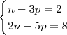 \begin{cases}n-3p=2\\ 2n-5p=8\end{cases} \begin{cases}n-3p=2\\ 2n-5p=8\end{cases}