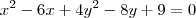 {x}^{2}-6x+{4y}^{2}-8y+9=0 {x}^{2}-6x+{4y}^{2}-8y+9=0