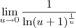 \lim_{u\to 0} \frac{1}{\ln(u+1)^\frac{1}{u}}