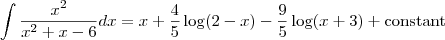 \int \frac{x^2}{x^2+x-6} dx = x + \frac{4}{5}\log(2-x) - \frac{9}{5}\log(x+3) + \textrm{constant}