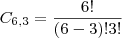 C_{6,3} = \frac{6!}{(6 - 3)!3!} C_{6,3} = \frac{6!}{(6 - 3)!3!}