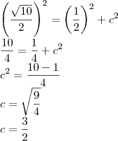 \\
\left(\frac{\sqrt{10}}{2}\right)^2=\left(\frac{1}{2}\right)^2+c^2\\
\frac{10}{4} = \frac{1}{4}+c^2\\
c^2=\frac{10-1}{4}\\
c=\sqrt{\frac{9}{4}}\\
c=\frac{3}{2} \\
\left(\frac{\sqrt{10}}{2}\right)^2=\left(\frac{1}{2}\right)^2+c^2\\
\frac{10}{4} = \frac{1}{4}+c^2\\
c^2=\frac{10-1}{4}\\
c=\sqrt{\frac{9}{4}}\\
c=\frac{3}{2}