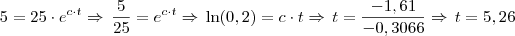 5 = 25 \cdot e^{c \cdot t} \Rightarrow \, \frac{5}{25} = e^{c \cdot t} \Rightarrow \, \ln(0,2) = c \cdot t \Rightarrow \, t = \frac{-1,61}{-0,3066} \Rightarrow \, t = 5,26 5 = 25 \cdot e^{c \cdot t} \Rightarrow \, \frac{5}{25} = e^{c \cdot t} \Rightarrow \, \ln(0,2) = c \cdot t \Rightarrow \, t = \frac{-1,61}{-0,3066} \Rightarrow \, t = 5,26