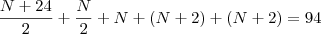 \frac{N + 24}{2} + \frac{N}{2} + N + (N + 2) + (N + 2) = 94