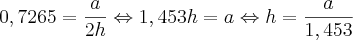0,7265=\frac{a}{2h} \Leftrightarrow 1,453h=a \Leftrightarrow h=\frac{a}{1,453} 0,7265=\frac{a}{2h} \Leftrightarrow 1,453h=a \Leftrightarrow h=\frac{a}{1,453}