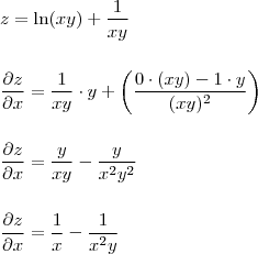 \\ z = \ln (xy) + \frac{1}{xy} \\\\\\ \frac{\partial z}{\partial x} = \frac{1}{xy} \cdot y + \left ( \frac{0 \cdot (xy) - 1 \cdot y}{(xy)^2} \right ) \\\\\\ \frac{\partial z}{\partial x} = \frac{y}{xy} - \frac{y}{x^2y^2} \\\\\\ \frac{\partial z}{\partial x} = \frac{1}{x} - \frac{1}{x^2y}