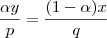 \frac {\alpha y} {p} = \frac { (1 - \alpha) x } {q} \frac {\alpha y} {p} = \frac { (1 - \alpha) x } {q}