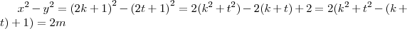 {x}^{2}-{y}^{2}={(2k+1)}^{2}-{(2t+1)}^{2}=2({k}^{2}+{t}^{2})-2(k+t)+2=2({k}^{2}+{t}^{2}-(k+t)+1)=2m