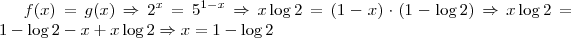 f(x) = g(x) \Rightarrow 2^x = 5^{1-x} \Rightarrow x \log 2 = (1-x) \cdot (1 - \log 2) \Rightarrow x \log 2 = 1 - \log 2 - x + x \log 2 \Rightarrow x = 1 - \log 2