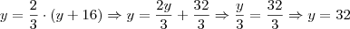 y = \frac{2}{3} \cdot (y+16) \Rightarrow y = \frac{2y}{3} + \frac{32}{3} \Rightarrow \frac{y}{3} = \frac{32}{3} \Rightarrow y = 32 y = \frac{2}{3} \cdot (y+16) \Rightarrow y = \frac{2y}{3} + \frac{32}{3} \Rightarrow \frac{y}{3} = \frac{32}{3} \Rightarrow y = 32