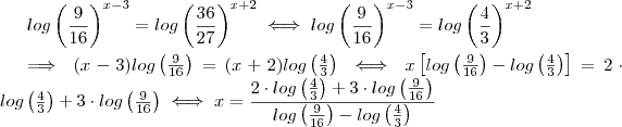 log\left(\frac{9}{16}\right)^{x-3} = log \left(\frac{36}{27}\right)^{x+2} \iff log\left(\frac{9}{16}\right)^{x-3}  = log\left(\frac{4}{3}\right)^{x+2} 

\implies  (x-3)log \left(\frac{9}{16}\right) = (x+2)log\left(\frac{4}{3}\right) \iff x\left[log \left(\frac{9}{16}\right) -  log\left(\frac{4}{3}\right)\right ] =  2 \cdot log\left(\frac{4}{3}\right) + 3 \cdot log \left(\frac{9}{16}\right) \iff  x= \dfrac{2 \cdot log\left(\frac{4}{3}\right) + 3 \cdot log \left(\frac{9}{16}\right)}{log \left(\frac{9}{16}\right) -  log\left( \frac{4}{3}\right)\right }