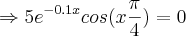 \Rightarrow {5e}^{-0.1x} cos(x \frac{\pi}{4}) = 0 \Rightarrow {5e}^{-0.1x} cos(x \frac{\pi}{4}) = 0