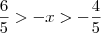\frac{6}{5} > -x > - \dfrac{4}{5} \frac{6}{5} > -x > - \dfrac{4}{5}