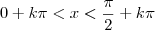 0+k \pi<x< \frac{ \pi}{2} + k \pi 0+k \pi<x< \frac{ \pi}{2} + k \pi
