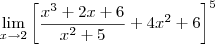 \lim_{x\to 2}{\displaystyle\biggl[\frac{x^3 + 2x +6}{x^2 +5}+ 4 x^2 + 6\biggr]^{5}}